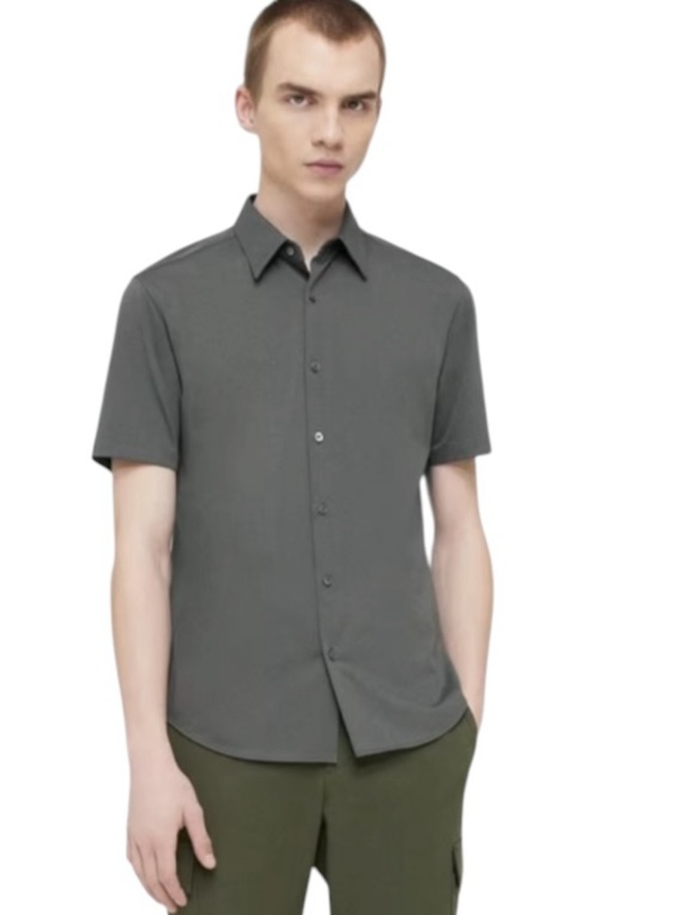 Theory Irving Short-Sleeve Shirt in Structure Knit Dark Olive XXL NWT